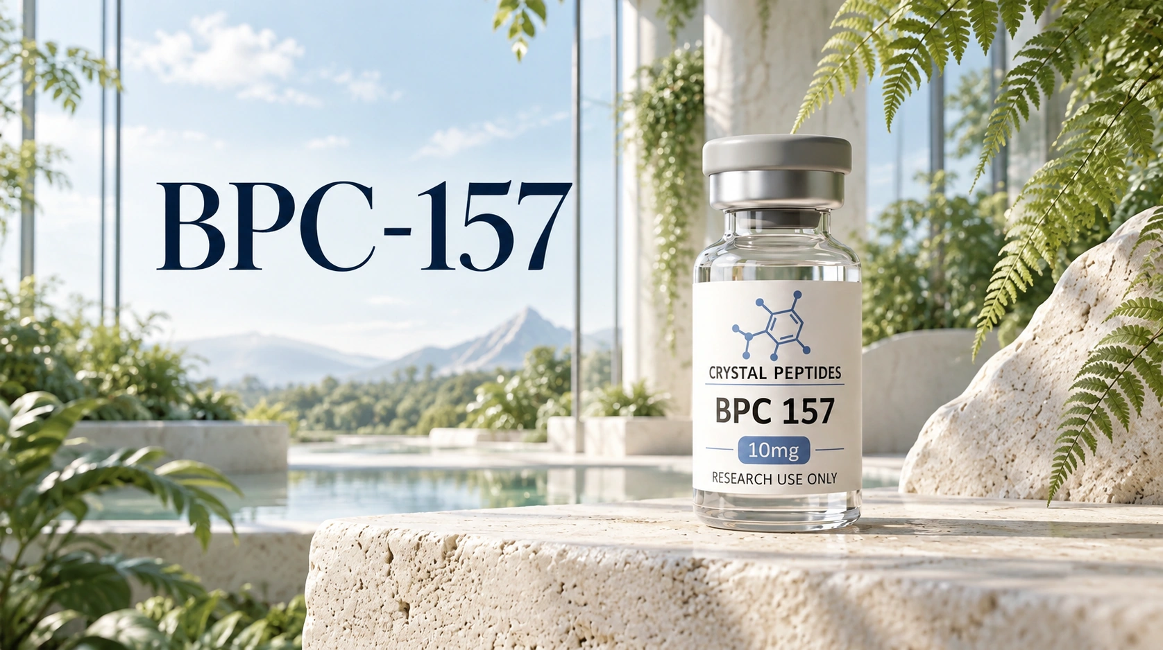 Raziskovalna viala BPC-157 poleg vdelanega naslova BPC-157 v svetli notranjosti s pogledom na gore.