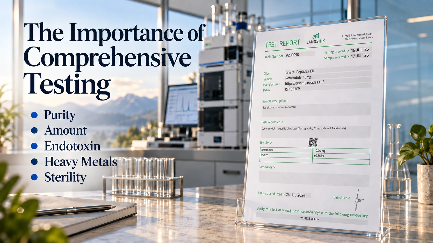 Illustrative laboratory scene with a printed Janoshik Retatrutide report in a clear stand, an English title and five testing topics.