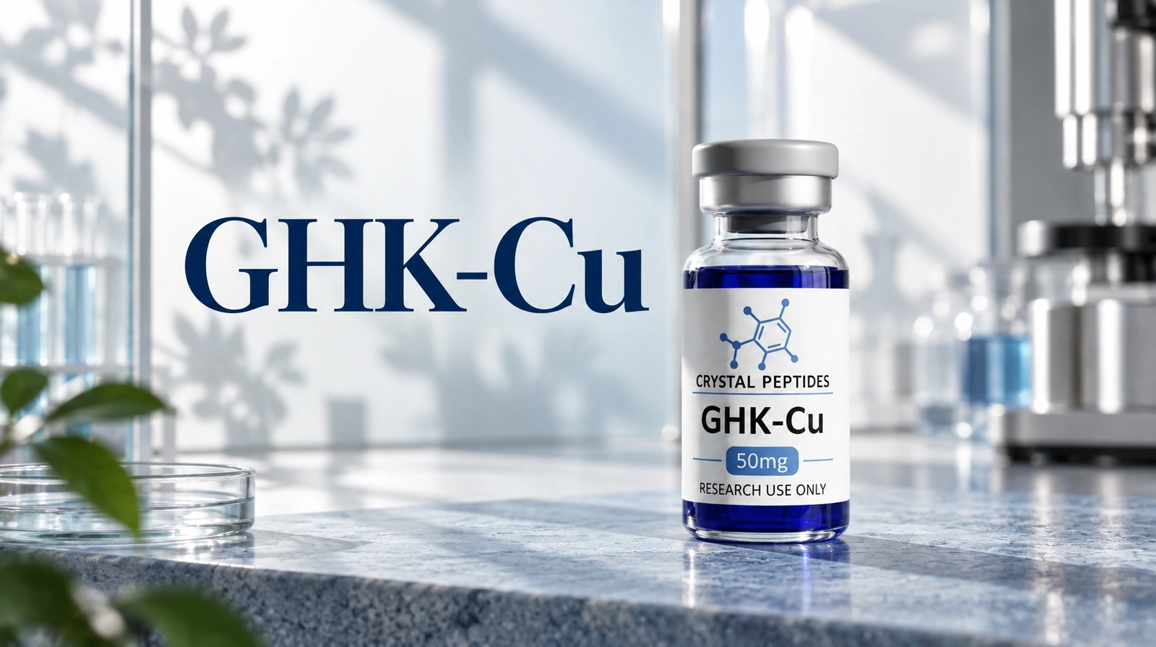 Raziskovalna viala GHK-Cu poleg vdelanega naslova GHK-Cu v svetli notranjosti laboratorija.