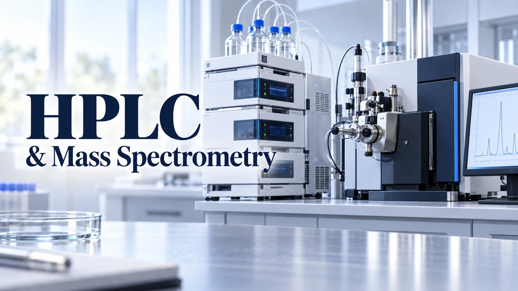 Instrumenti za HPLC in masno spektrometrijo poleg vdelanega naslova HPLC in masna spektrometrija v svetlem laboratoriju.