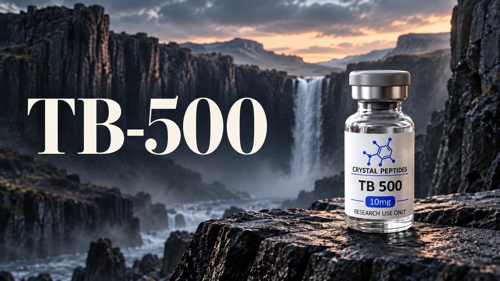 Raziskovalna viala TB-500 poleg vdelanega naslova TB-500 v dramatični pokrajini slapa.