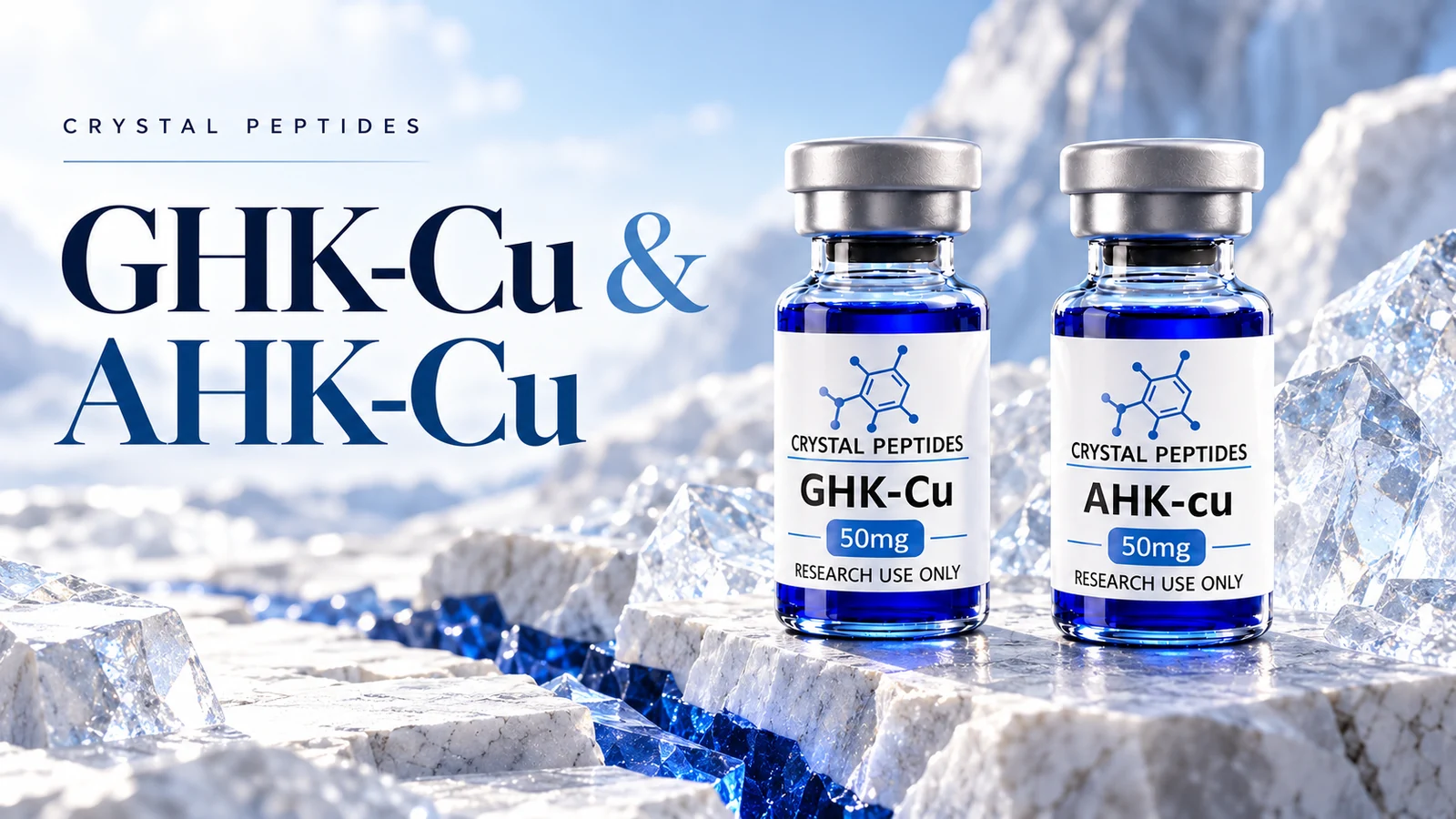 Uredniška ilustracija izdelka: GHK-Cu / AHK-Cu — Crystal Peptides.