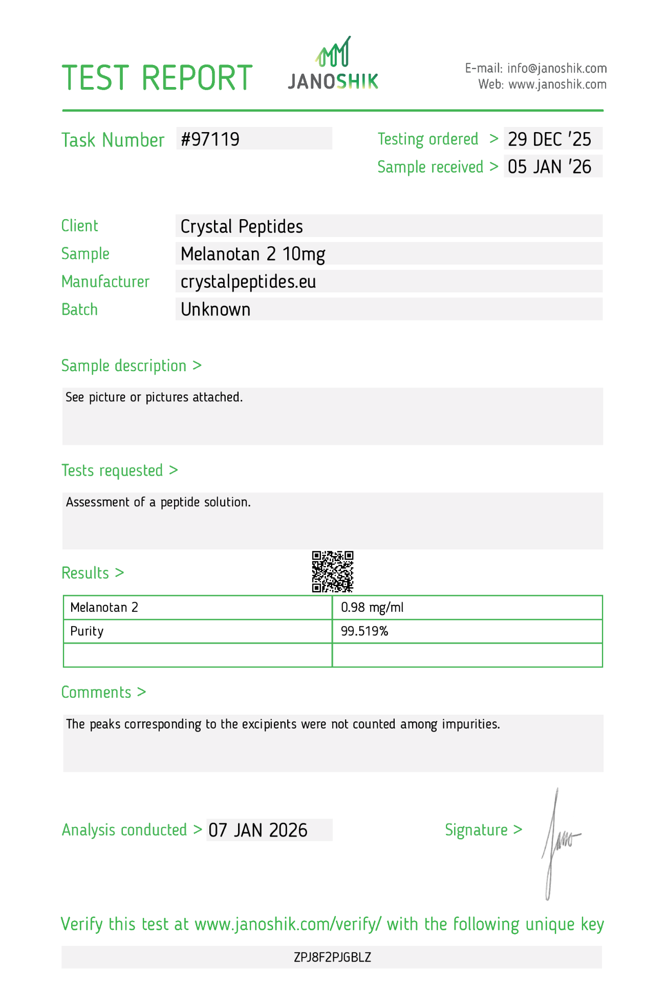 MT-2 (10mg/10ml) Purity & Identity Laboratorijski test